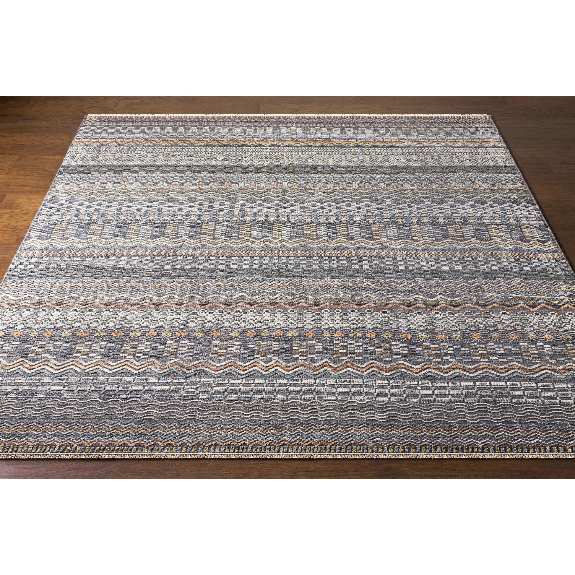 Nobility Rug - 29791 by Surya in charcoal, light gray, wheat, peach, ice blue. Made from 60% wool, 40% viscose in a unique style.