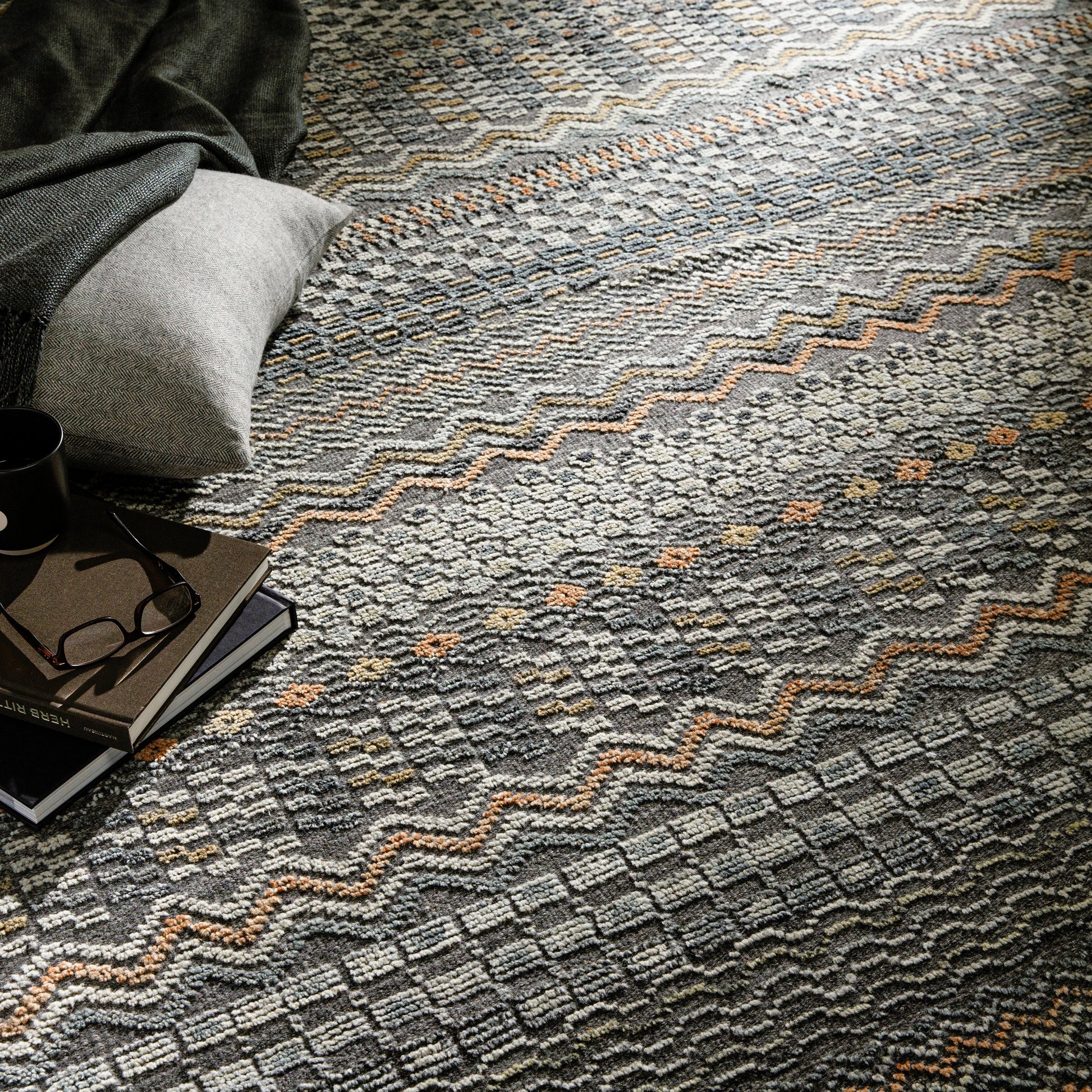 Nobility Rug - 29791 by Surya in charcoal, light gray, wheat, peach, ice blue. Made from 60% wool, 40% viscose in a unique style.