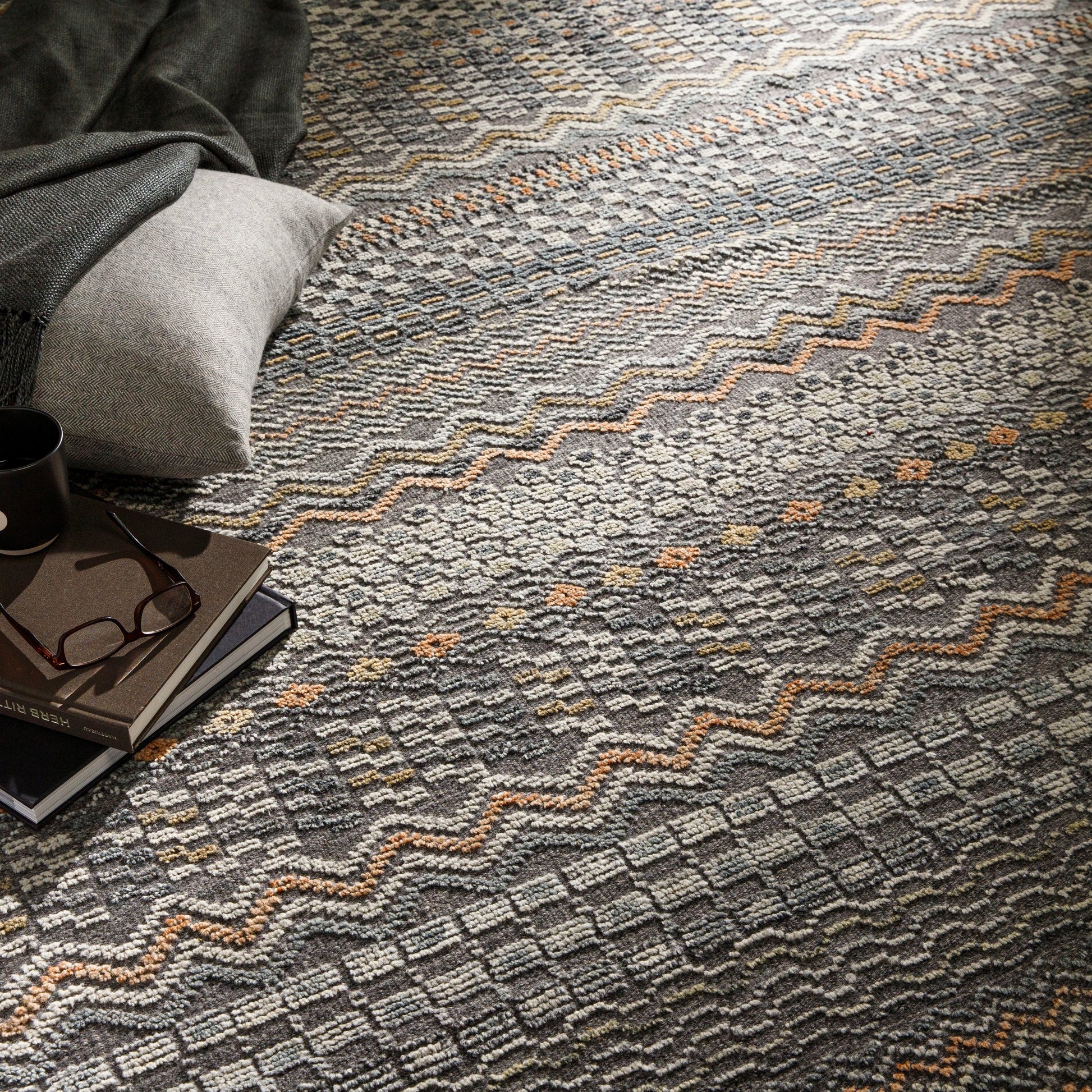 Nobility Rug - 29791 by Surya in charcoal, light gray, wheat, peach, ice blue. Made from 60% wool, 40% viscose in a unique style.