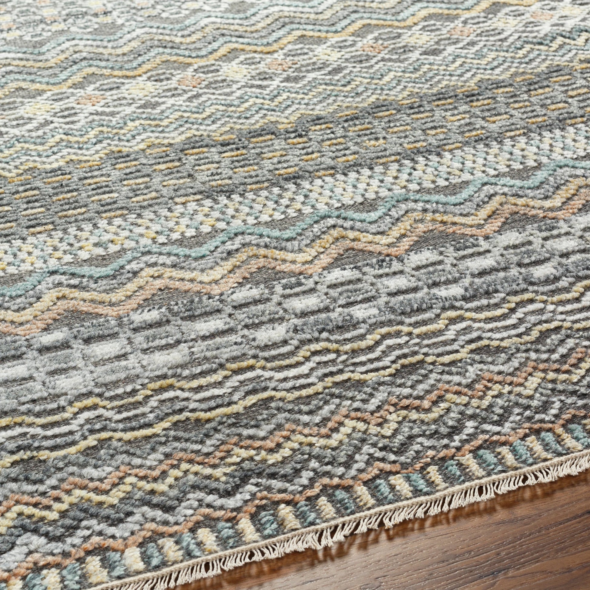 Nobility Rug - 29791 by Surya in charcoal, light gray, wheat, peach, ice blue. Made from 60% wool, 40% viscose in a unique style.