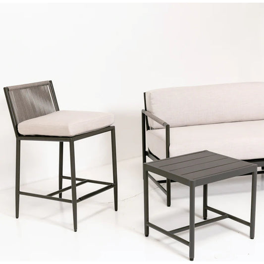 Pietra Outdoor Barstool by Sunset West in graphite. Made from olefin rope in a modern style.