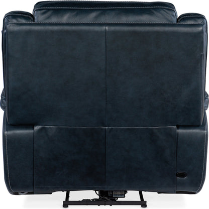 Montel Lay Flat Power Recliner by Hooker Furniture in cosmos cobalt. Made from leather in a traditional style.