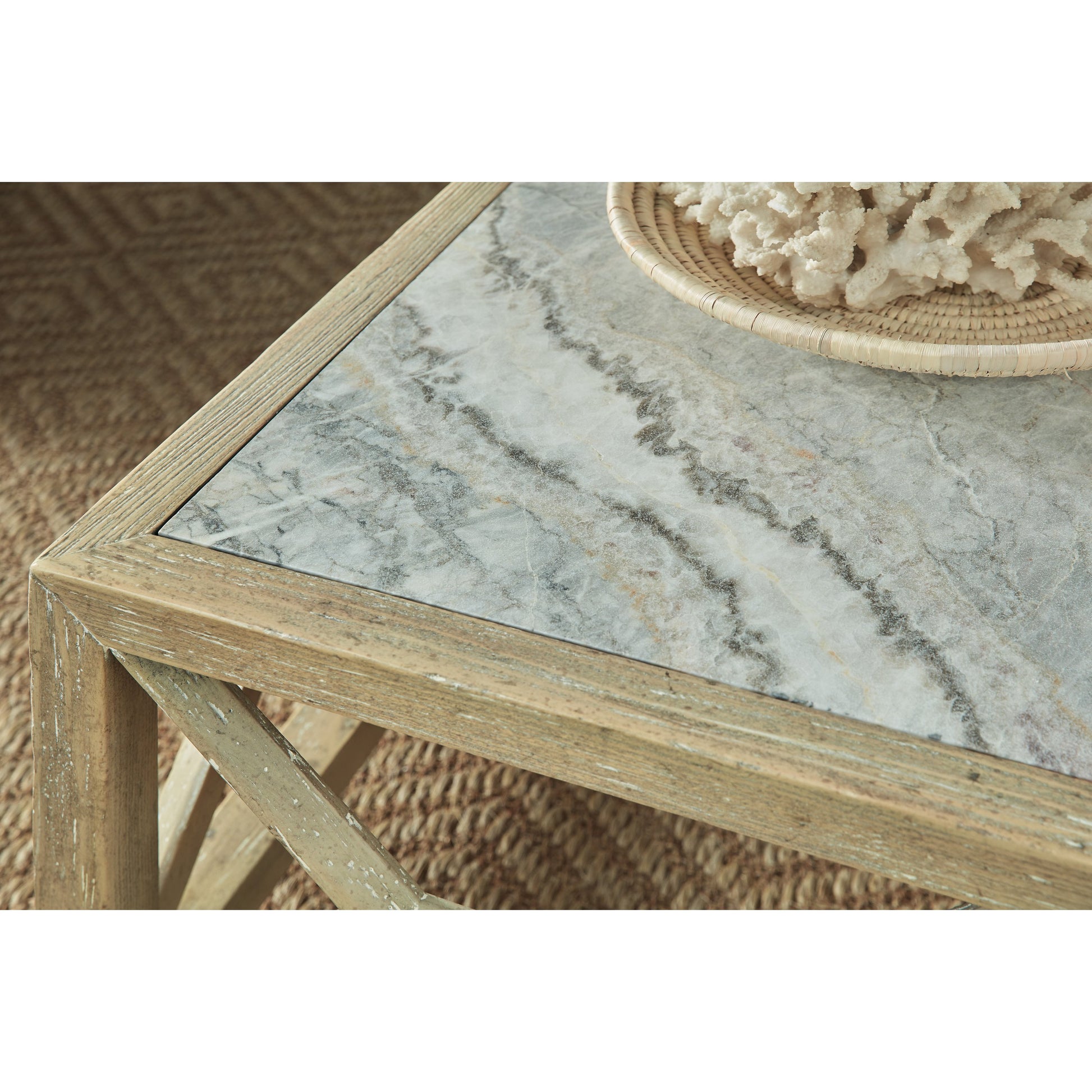 Surfrider Cocktail Table by Hooker Furniture in driftwood. Made from hardwoods, stone veneers in a coastal style.