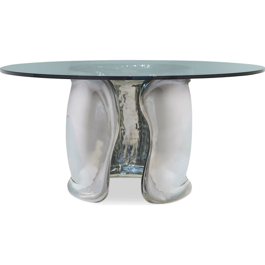 Agnes Dining Table by Bernhardt in polished stainless steel. Made from stainless steel, glass in a unique style.
