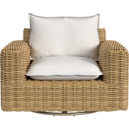 Playa Outdoor Oversized Swivel Club Chair by Sunset West in medium wood. Made from resin wicker in a rustic style.