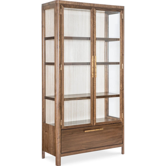 Eleana Display Cabinet by Hooker Furniture in light caramel, quartered walnut veneers. Made from walnut veneers, glass, wall cover in a traditional style.