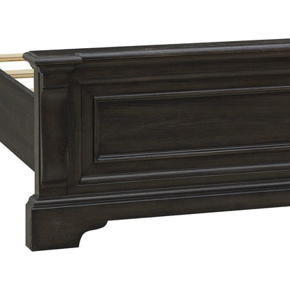 Hickory Creek Panel Bed by Pulaski Furniture in brown velvet. Made from split heart cathedral hickory veneers in a unique style.