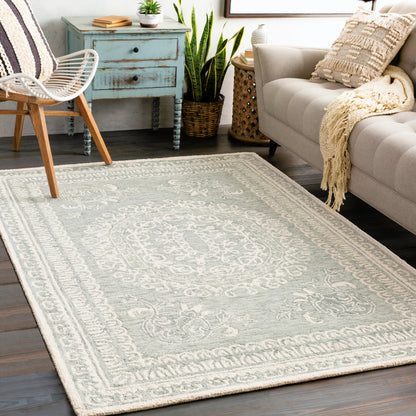 Newcastle Rug - 23668 by Livabliss in sage, ivory. Made from 100% wool in a unique style.