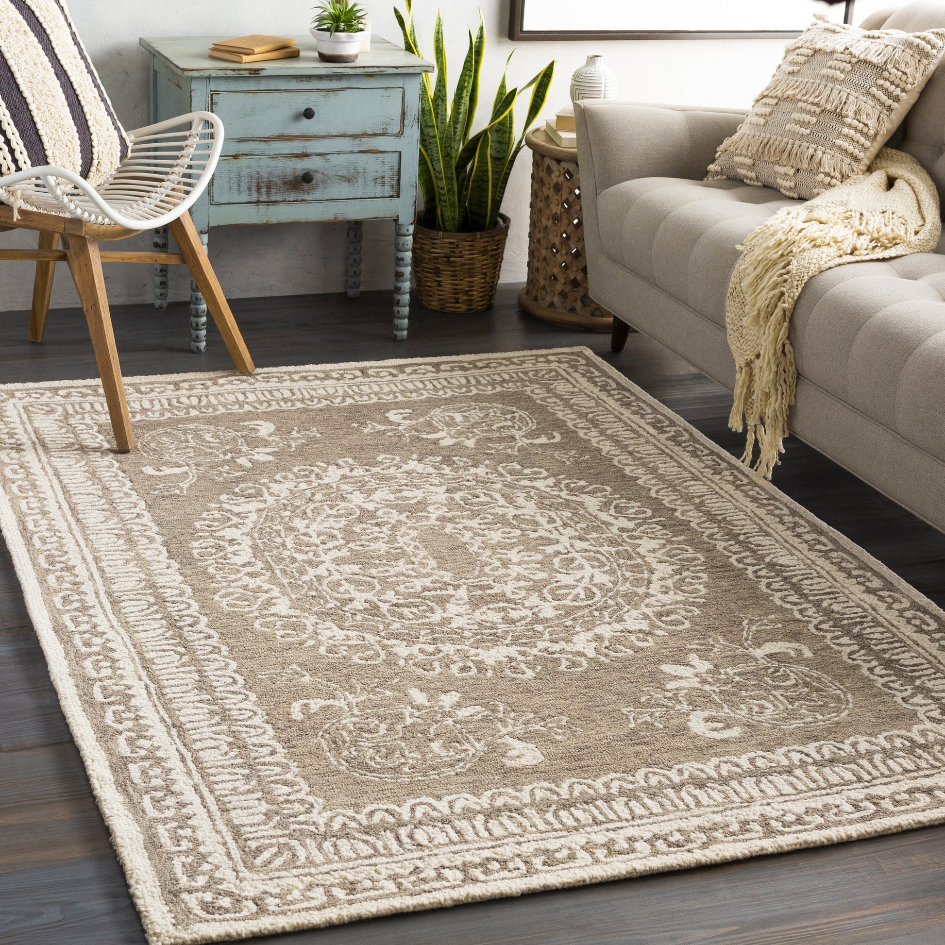 Newcastle Rug - 23668 by Livabliss in sage, ivory. Made from 100% wool in a unique style.