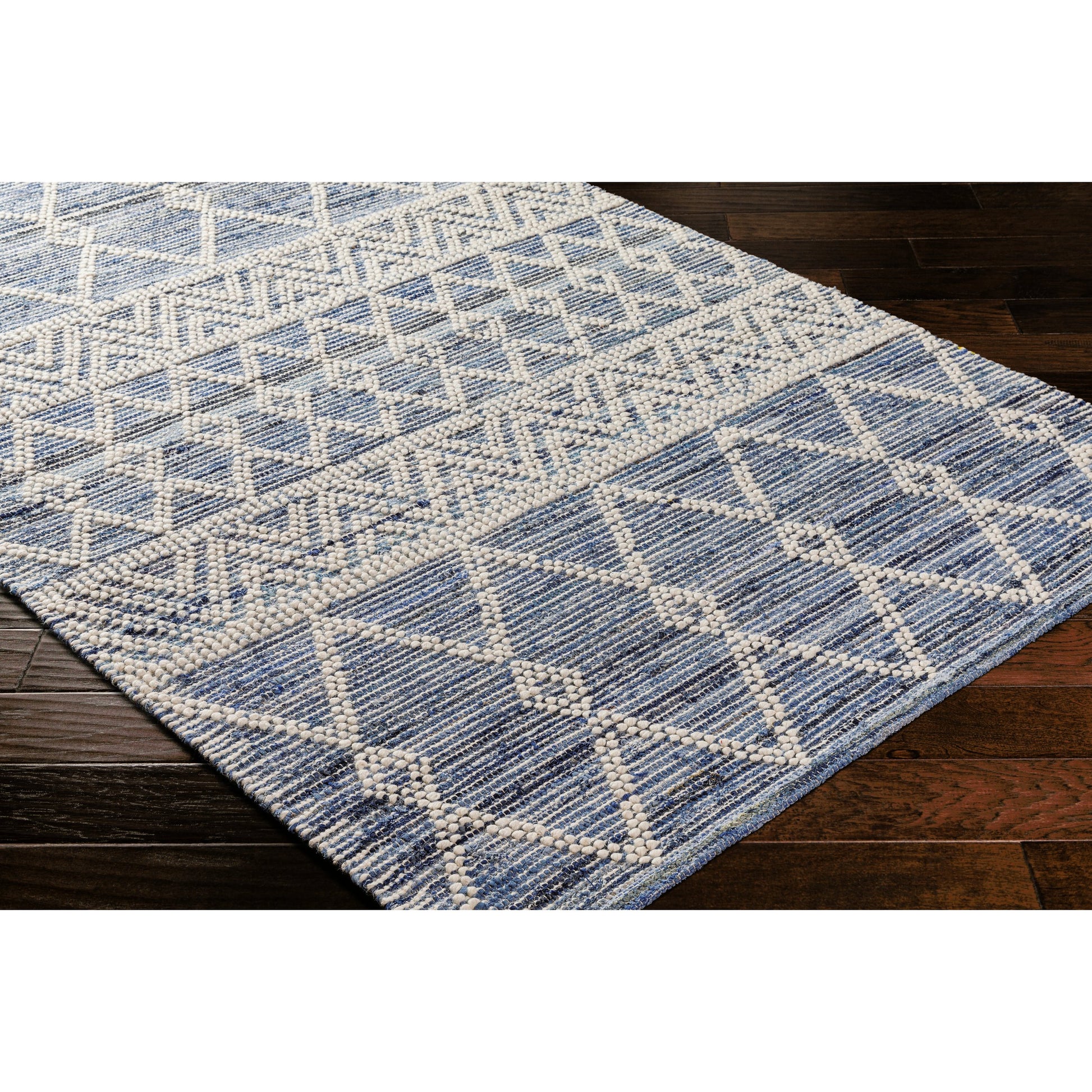 Nadine Rug by Livabliss in ivory, navy, dark blue. Made from main: 70% cotton, main: 30% wool in a cottage & farmhouse style.