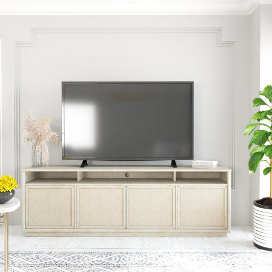 Cotiere Entertainment Console by A.R.T. Furniture in beige and linen. Made from parawood solids, mixed split cathedral and quartered white oak veneer, fabric in a modern style.