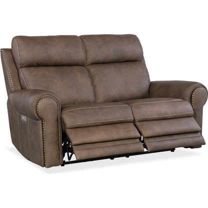 Duncan Power Loveseat by Hooker Furniture in kalahari bark. Made from leather, kalahari bark (semi-aniline top grain with splits) in a traditional style.
