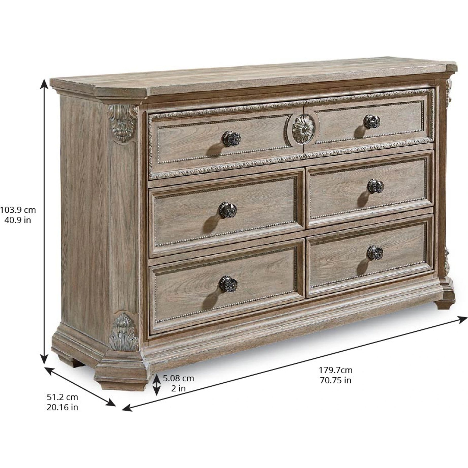 Arch Salvage Grayson Dresser by A.R.T. Furniture in brown and parch. Made from parrawood solids, cathedral elm veneers in a traditional style.