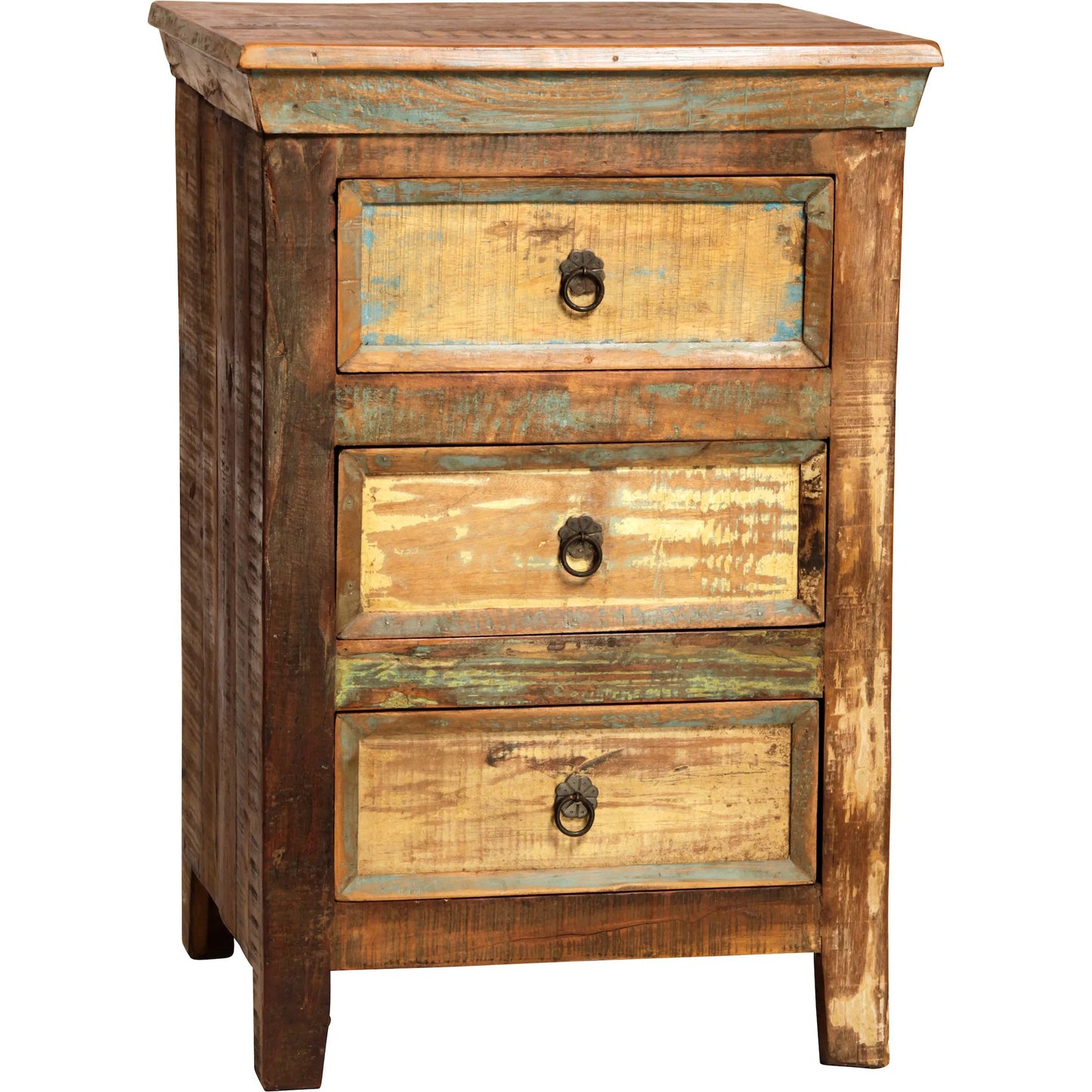 001 SI-2075349 | Primary Silo | Distressed Painted Reclaimed Hardwood Nightstand by Arch & Plane in brown and distressed paint rub through, clear seal with antique brass hardware finish. Made from reclaimed mango hardwood in a cottage & farmhouse style.