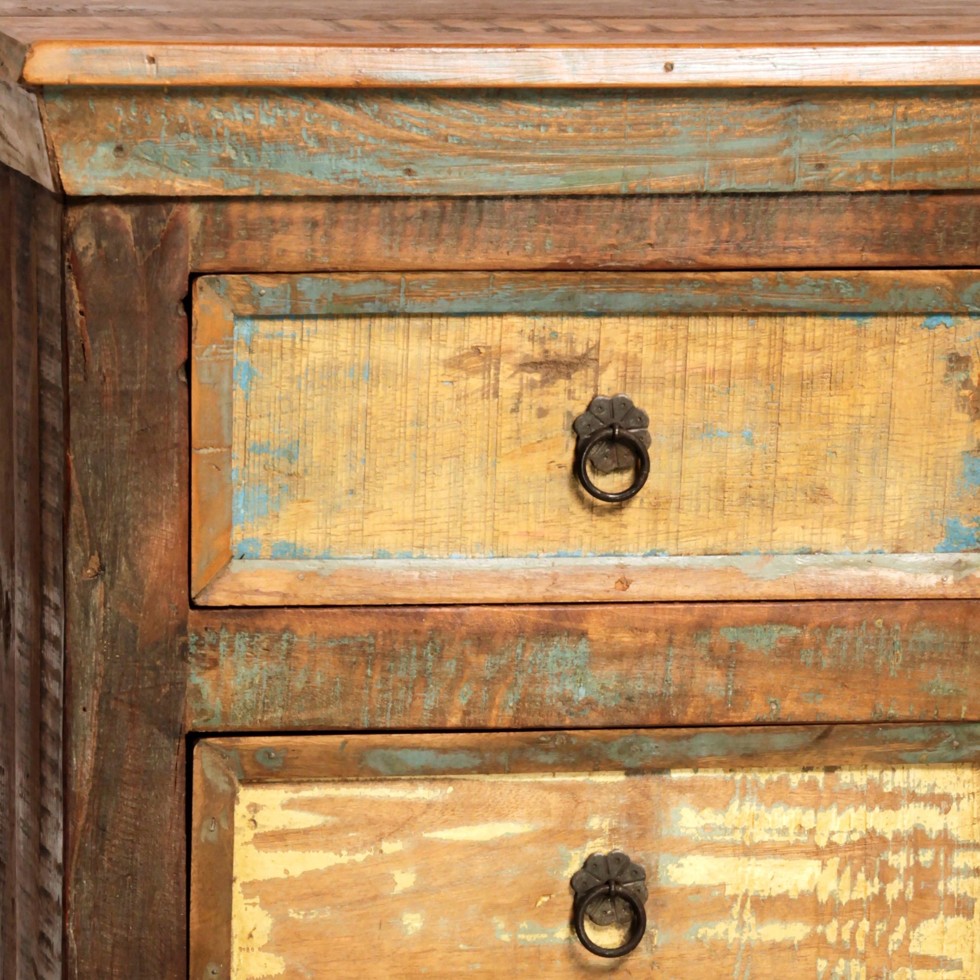 Distressed Painted Reclaimed Hardwood Nightstand by Arch & Plane in brown and distressed paint rub through, clear seal with antique brass hardware finish. Made from reclaimed mango hardwood in a cottage & farmhouse style.