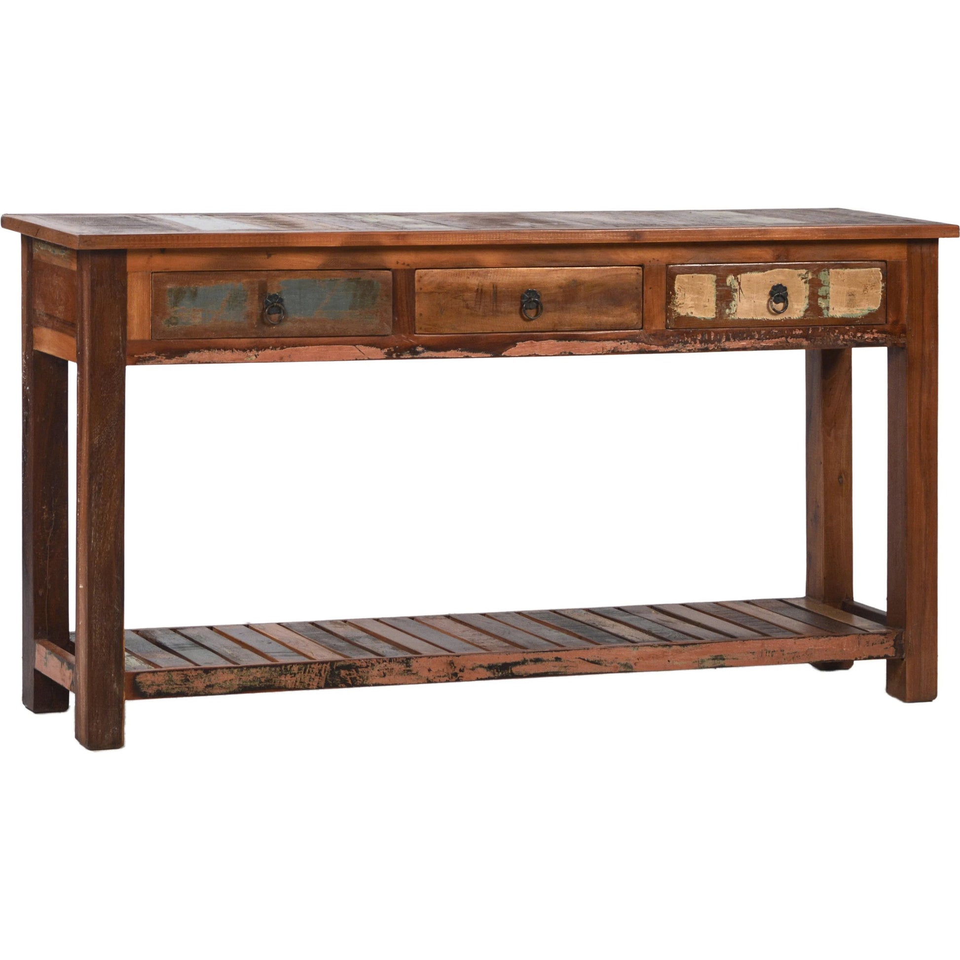 Nantucket 3-Drawer Console Table by Arch & Plane in antique wood sealed finish. Made from reclaimed hardwood in a traditional style.