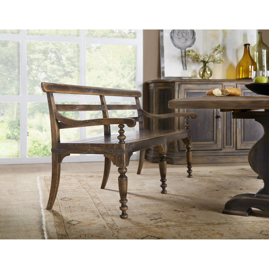 Hill Country Helotes Dining Bench by Hooker Furniture in saddle brown. Made from hardwoods, metal in a traditional style.