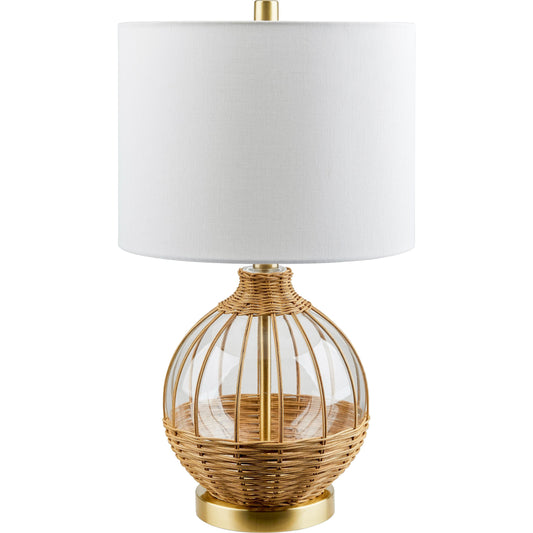 Nelliston - 492811 by Surya in body: clear, base: gold, shade: white, finial: metallic - gold, harp: metallic - gold, cord: translucent and natural. Made from body: glass, base: glass, shade (outside): linen, shade (insid