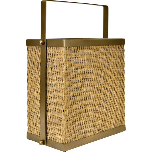 Nelson Rectangle Woven Rattan Magazine Holder by Worlds Away in natural, brass. Made from rattan in a rustic style.