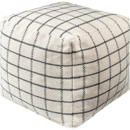 Charmaine Indoor/Outdoor Pouf by Surya in off-white, light silver, light grey, sterling grey. Made from top: 100% recycled pet yarn, bottom: 100% polyester, fill: 100% polybeads in a modern style.