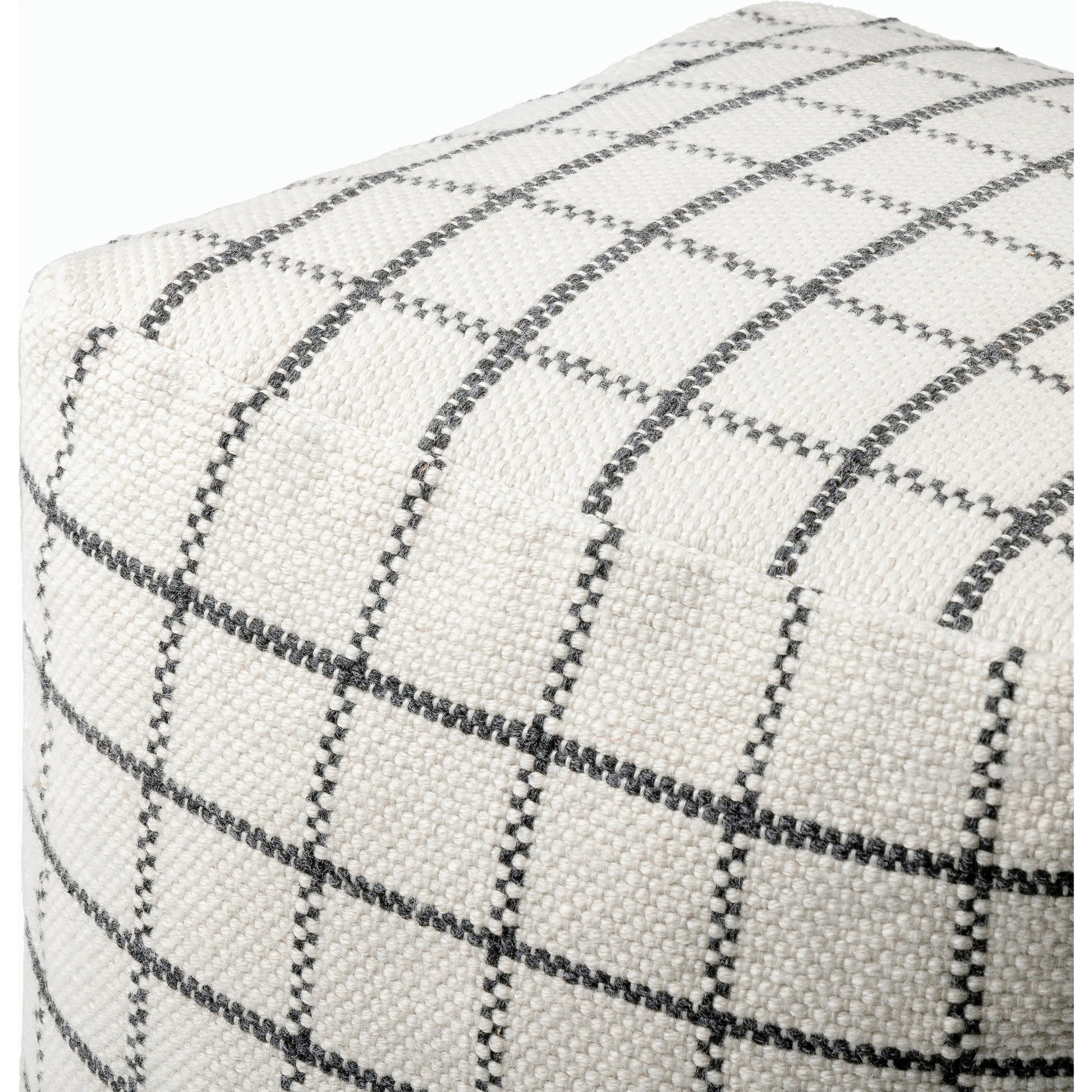 Charmaine Indoor/Outdoor Pouf by Surya in off-white, light silver, light grey, sterling grey. Made from top: 100% recycled pet yarn, bottom: 100% polyester, fill: 100% polybeads in a modern style.