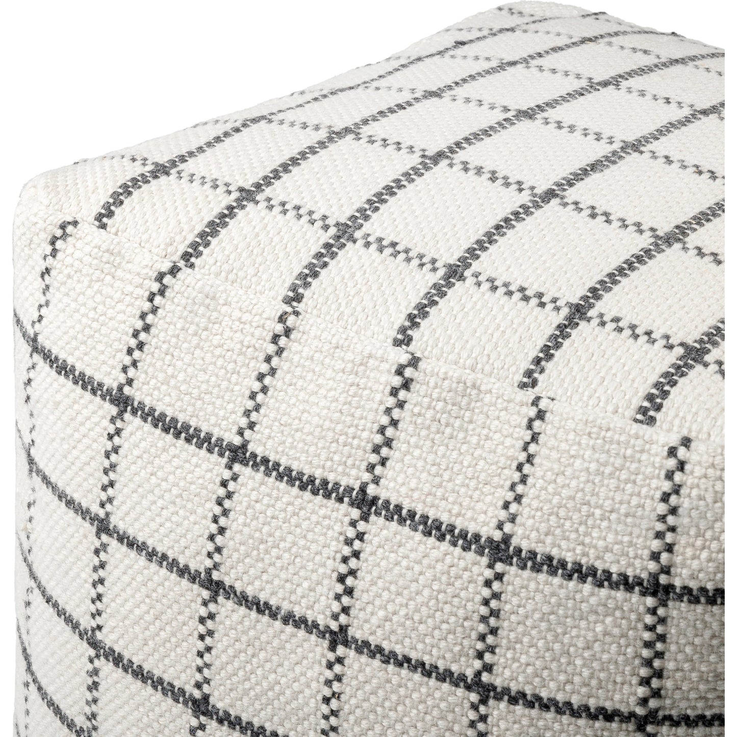 002 SI-2050621 | Closeup | Charmaine Indoor/Outdoor Pouf by Surya in off-white, light silver, light grey, sterling grey. Made from top: 100% recycled pet yarn, bottom: 100% polyester, fill: 100% polybeads in a modern style.