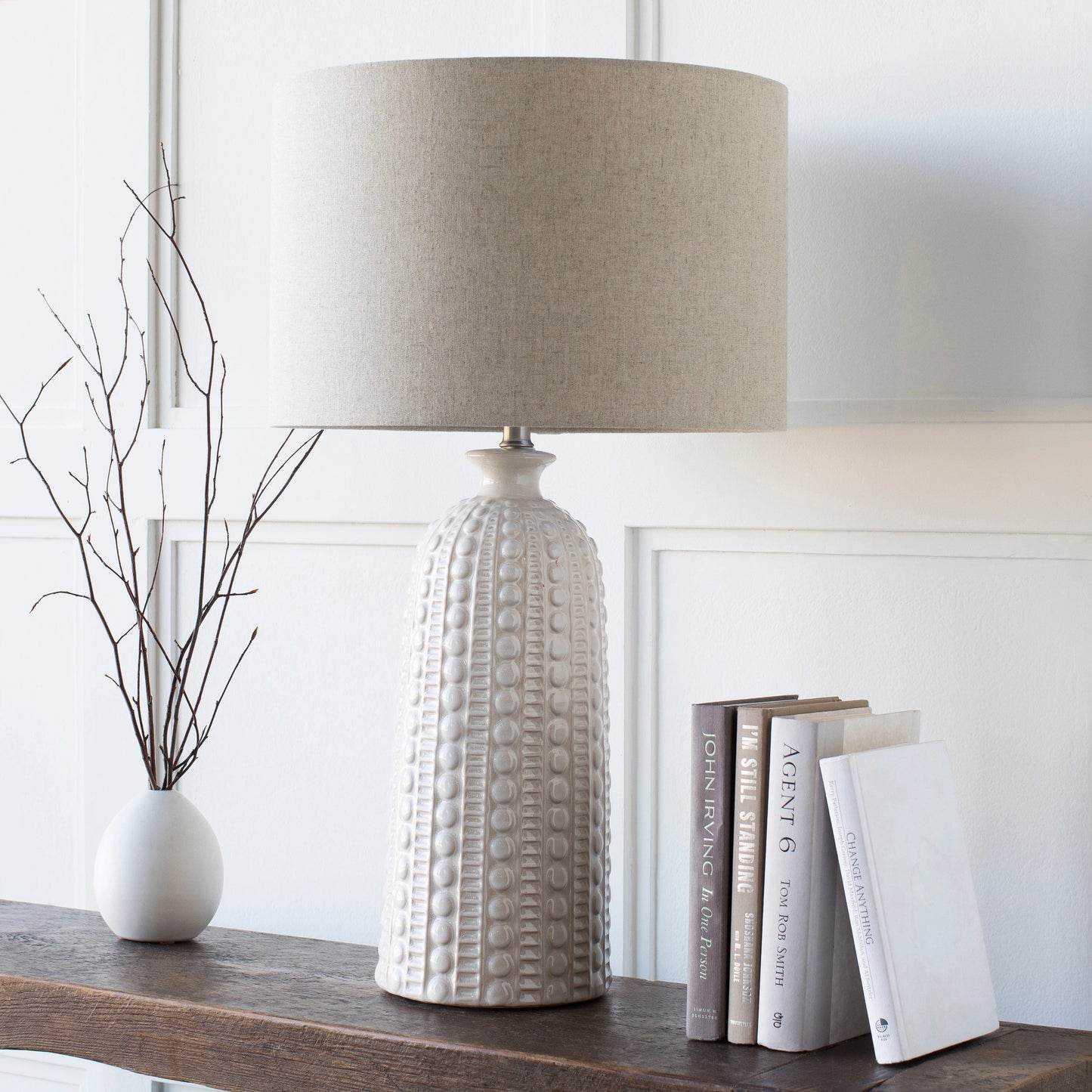 020 S-229679 | Lifestyle | Newell - 16459 by Surya in white, metallic nickel and glazed. Made from linen, ceramic, metal in a cottage & farmhouse style.