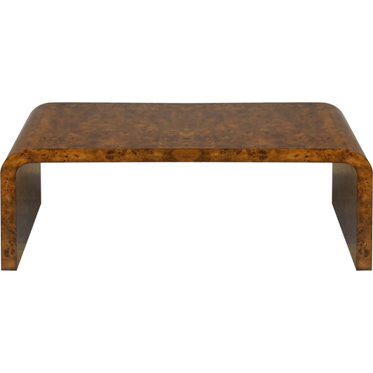 Burlwood Waterfall Coffee Table by Worlds Away in brown. Made from hardwood solids, mdf, veneer in a modern style.