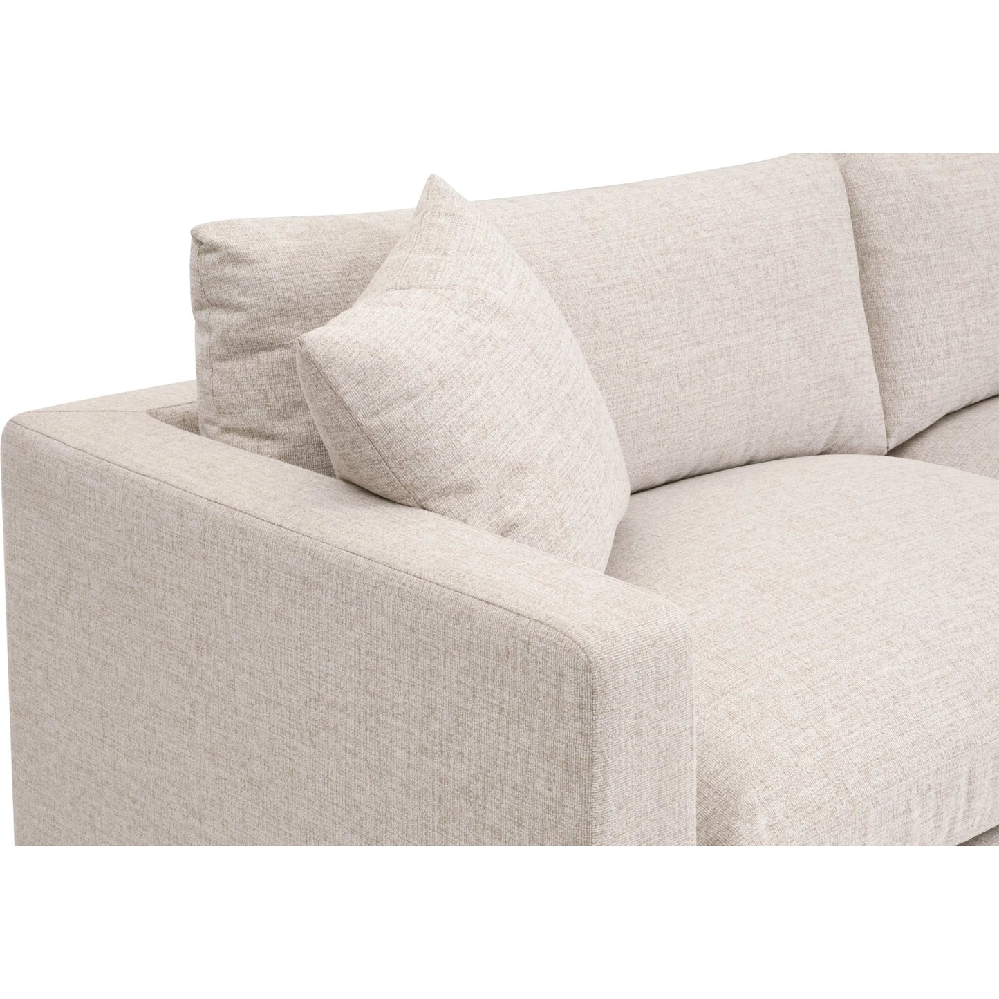 005 SI-2374653 | Closeup | Newport Outdoor 91" Track Arm Sofa by Essentials For Living in livesmart shapiro, sand, desert accoya. Made from marine grade plywood, solid accoya wood in a transitional style.