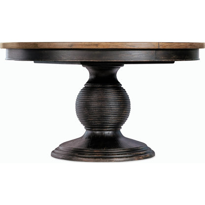 Americana Round Pedestal Dining Table by Hooker Furniture. Made from oak veneers, resin with solid-wood edge top in a cottage & farmhouse style.