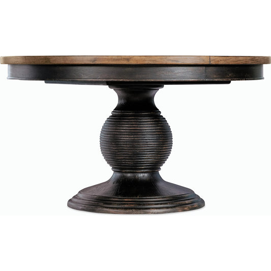 Americana Round Pedestal Dining Table by Hooker Furniture. Made from oak veneers, resin with solid-wood edge top in a cottage & farmhouse style.