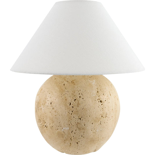 Niafunke Accent Table Lamp by Livabliss in brown, white, translucent and painted. Made from travertine, linen, polyester in a unique style.