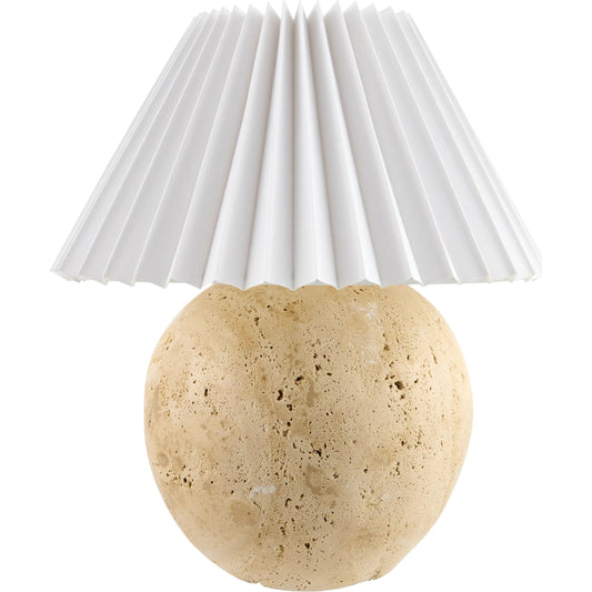 Niafunke Accent Table Lamp by Livabliss in brown, white and painted. Made from travertine, linen, polyester in a unique style.