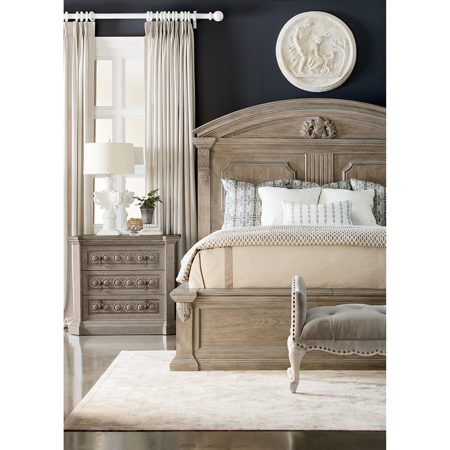 007 SR-881749,SR-881750 | Lifestyle | Arch Salvage Chambers Panel Bed by A.R.T. Furniture in brown and parch. Made from parrawood solids, cathedral elm veneers in a cottage & farmhouse style.