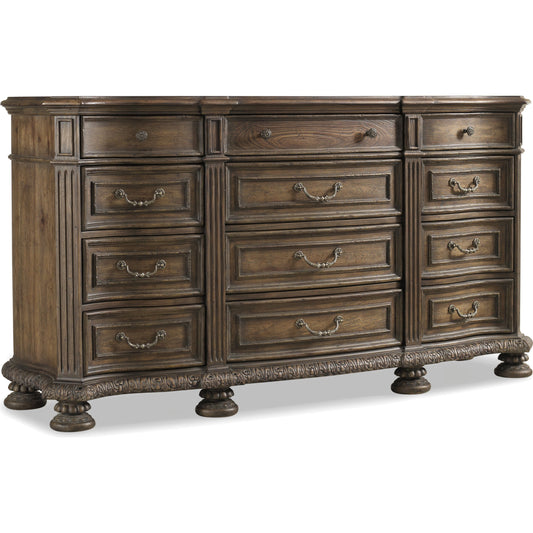 Rhapsody Dresser by Hooker Furniture in rustic walnut. Made from pecan veneers in a unique style.