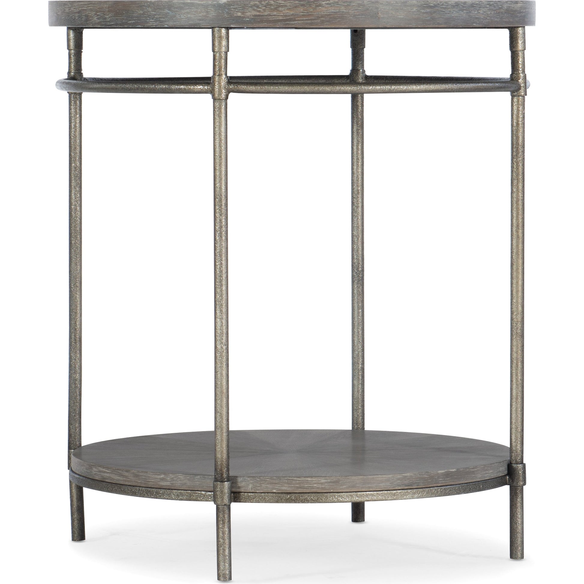 Round End Table by Hooker Furniture in medium natural acacia. Made from acacia veneers with metal tubing, metal sheet in a modern style.