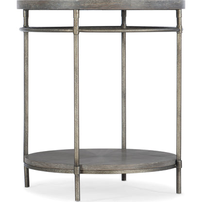 Round End Table by Hooker Furniture in medium natural acacia. Made from acacia veneers with metal tubing, metal sheet in a modern style.