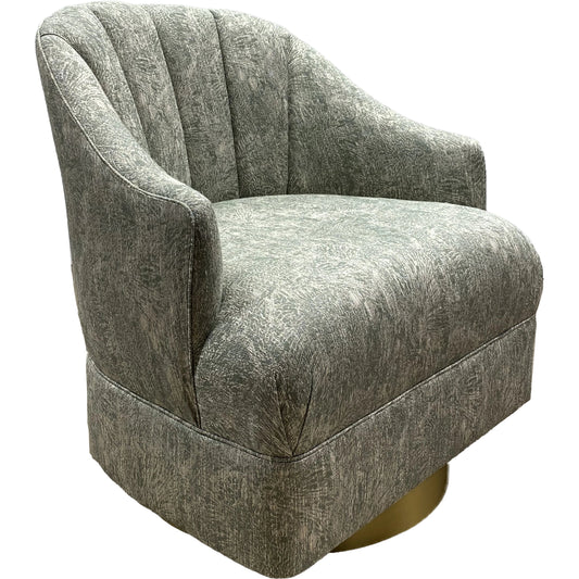 Inga Swivel Chair by Currey and Company in brushed brass. Made from mahogany, brass, cindaria celadon in a traditional style.