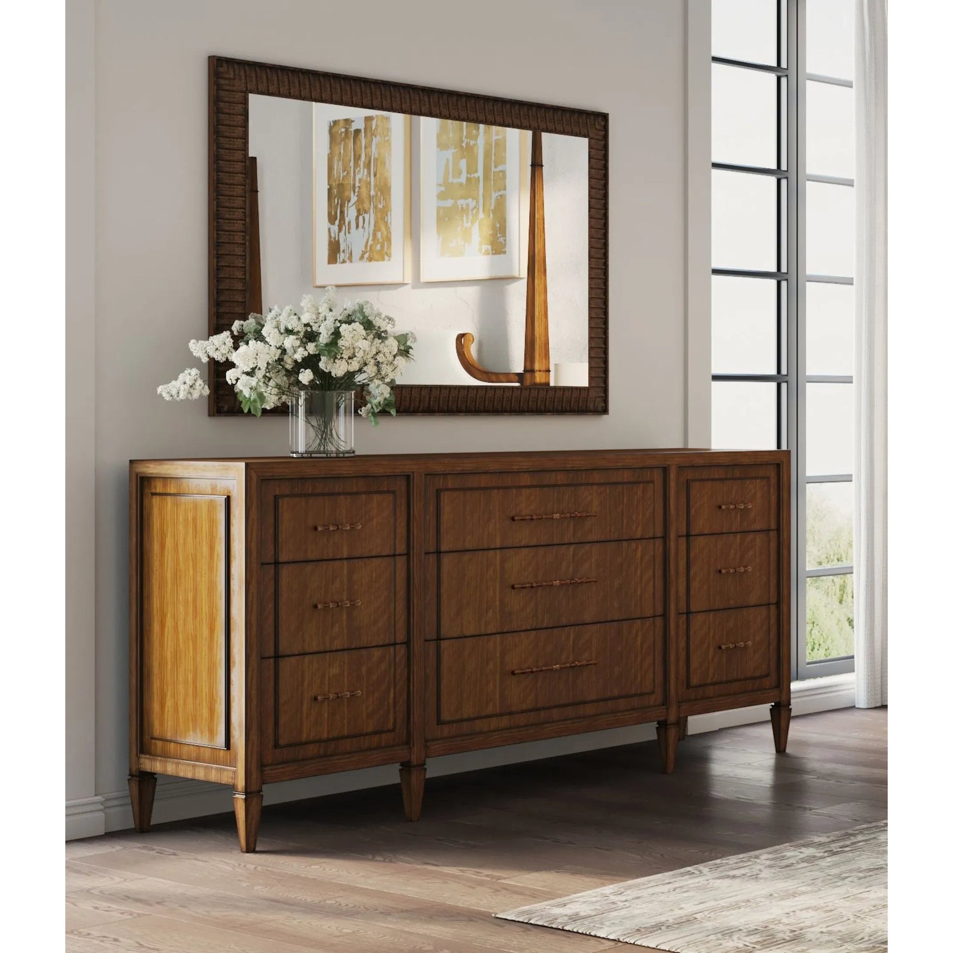 Eave Landscape Mirror by A.R.T. Furniture in hazelnut. Made from poplar, parawood solids, walnut veneer in a traditional style.