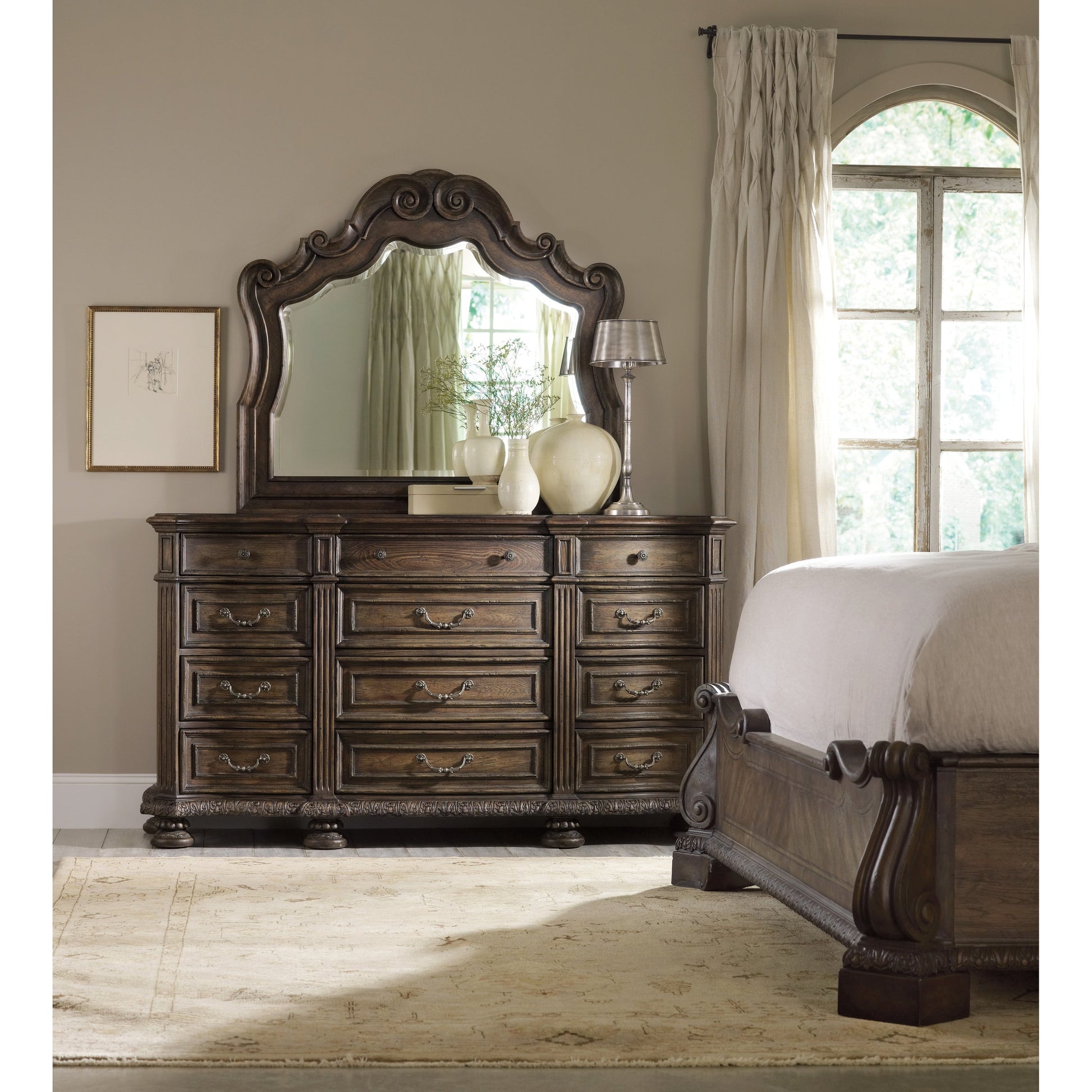 Rhapsody Dresser by Hooker Furniture in rustic walnut. Made from pecan veneers in a traditional style.