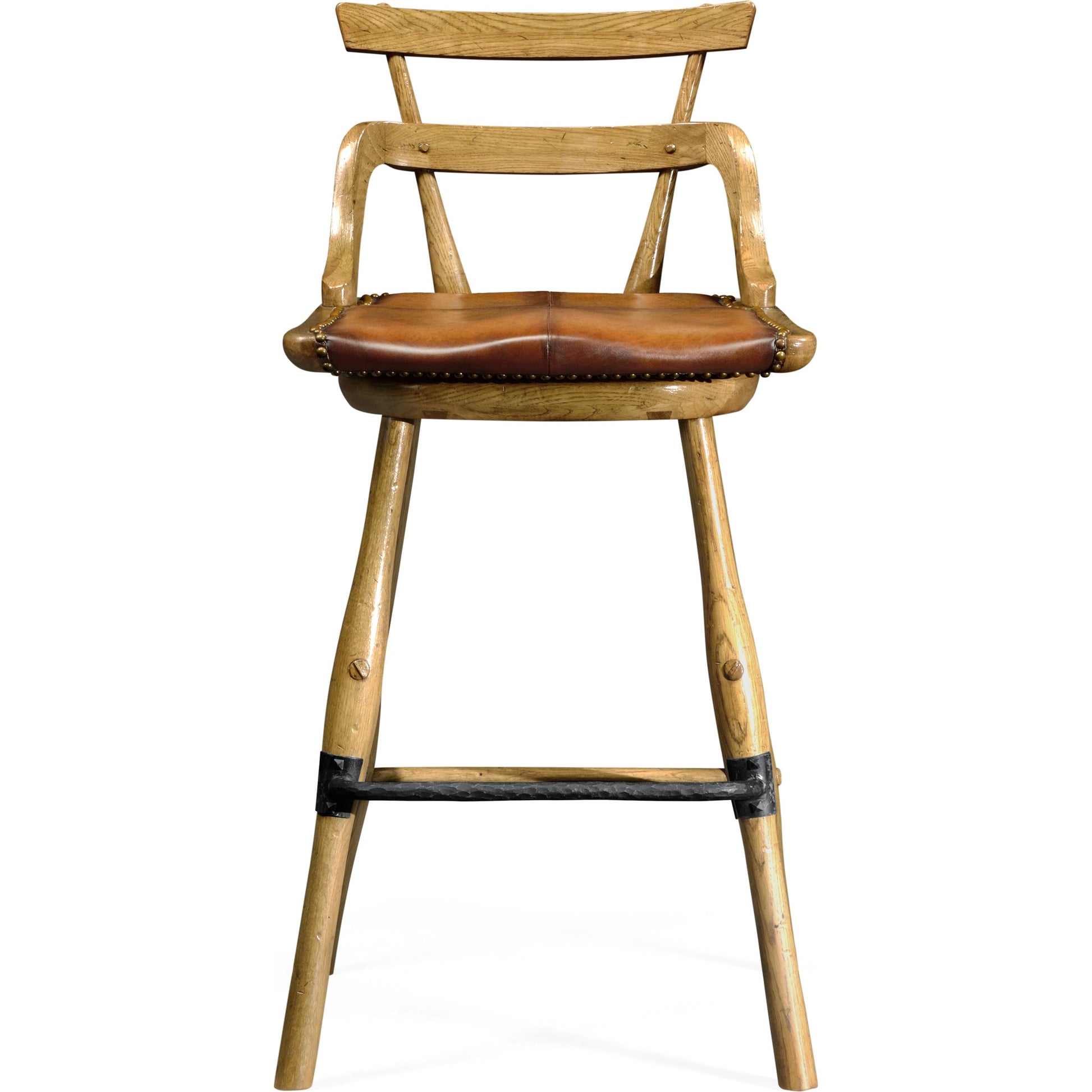 Buckingham Oak Studded Leather Barstool by Jonathan Charles in brown and dark brown tudor oak. Made from oak in a rustic style.