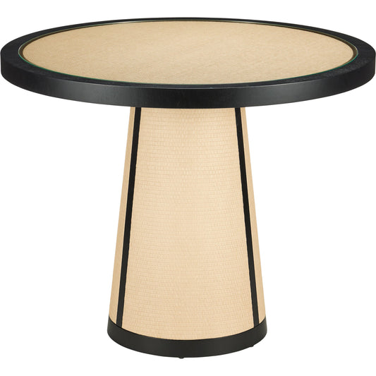 Deanna Raffia Entry Table by Currey and Company in ivory, black, clear. Made from raffia, okume veneer, tempered glass in a modern style.