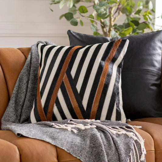 Nashville Pillow - 9805 by Surya in light silver, jet black, steel grey, brick. Made from front: 100% leather, back: 100% cotton in a modern style.