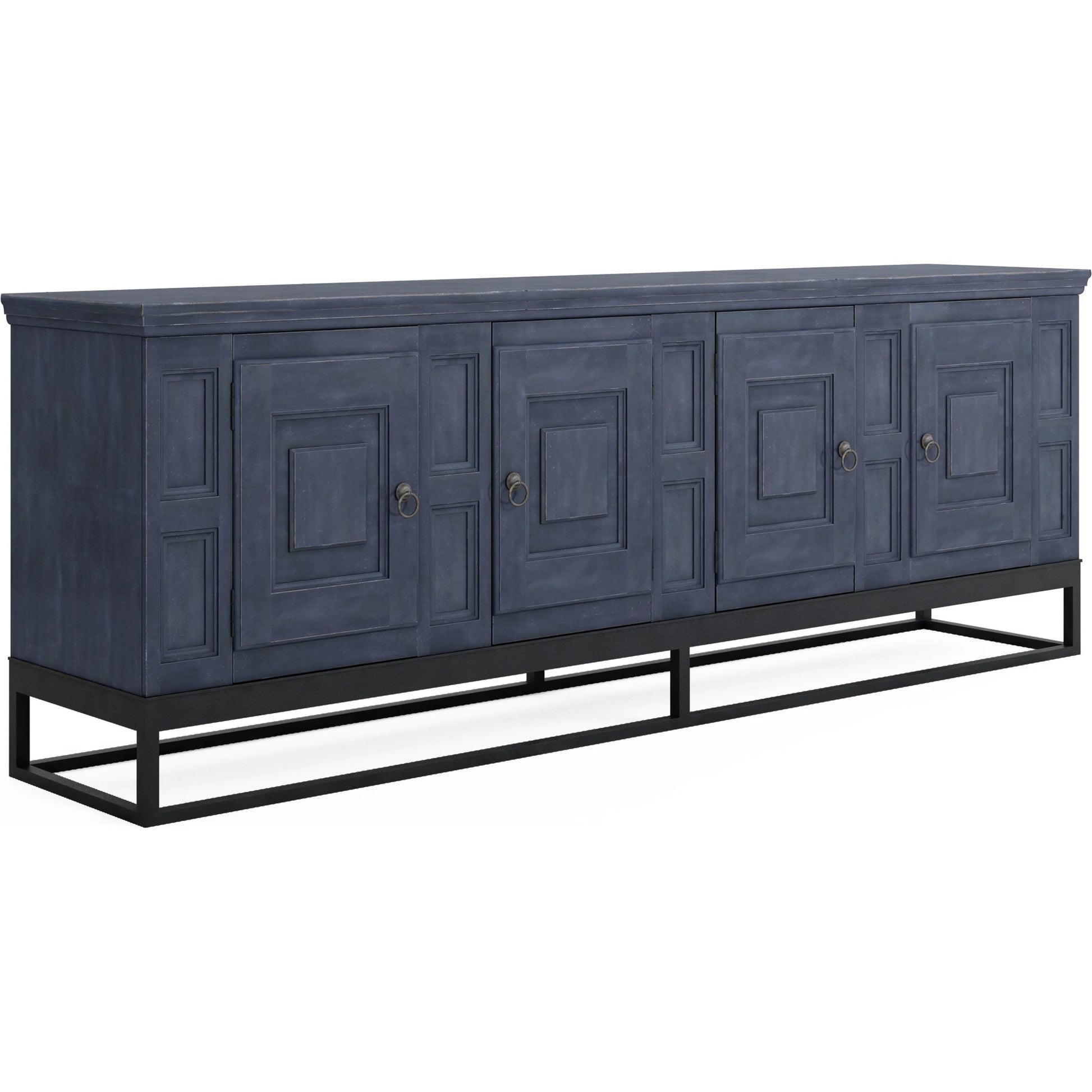 Alcove Entertainment Console by A.R.T. Furniture in slate, burnished brass. Made from acacia solids, maple veneers, iron in a transitional style.