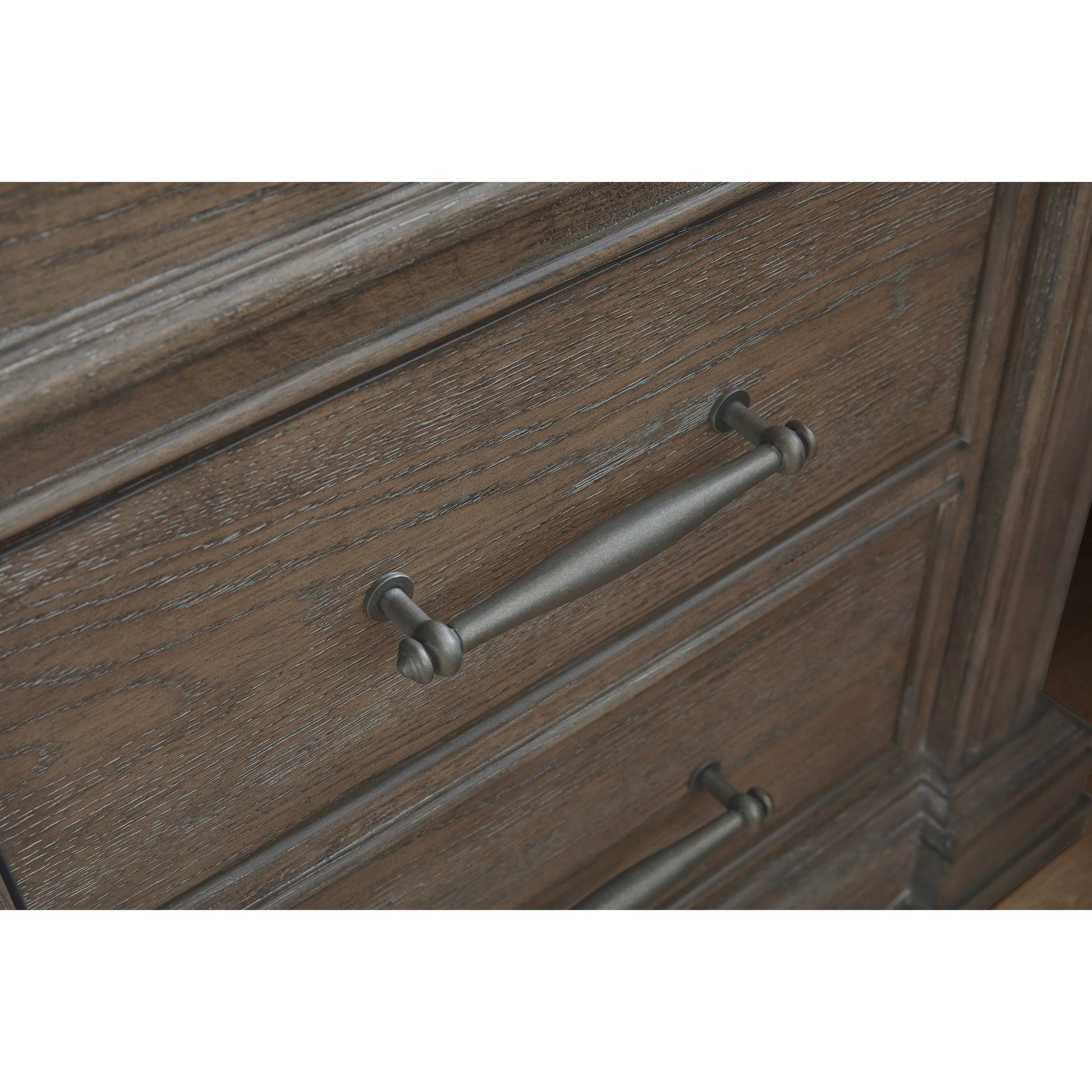 Madison Ridge 3 Drawer Nightstand by Pulaski Furniture in natural bark. Made from flat-cut white oak wood veneers in a unique style.