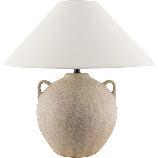 Nivalis Accent Table Lamp by Livabliss in brown, white, metallic brass and metallic, glazed. Made from ceramic, linen, polystyrene, iron in a unique style.