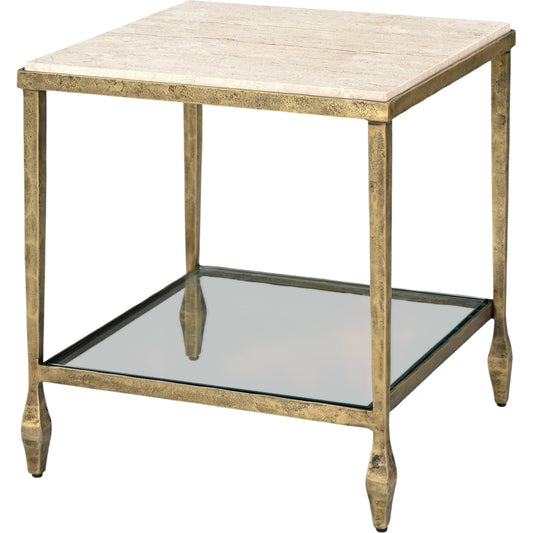 Nivara End Table by Surya in cream, metallic brass and lacquered, brass, electroplated. Made from marble, glass, iron in a unique style.