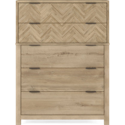 Garrison Drawer Chest by A.R.T. Furniture in washed oak, burnished brass. Made from parawood solids with ash embossing, white oak veneers, metal in a cottage & farmhouse style.