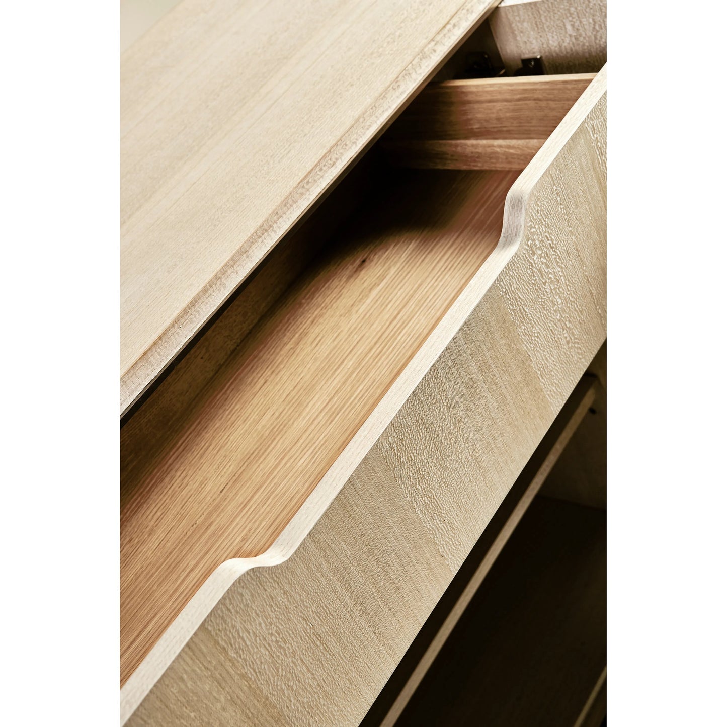 004 SI-2186266 | Closeup | Water Breaker Mixed Media Credenza by Jonathan Charles in beige and ash blonde. Made from dyed koto veneer, bone, leather, metal in a transitional style.