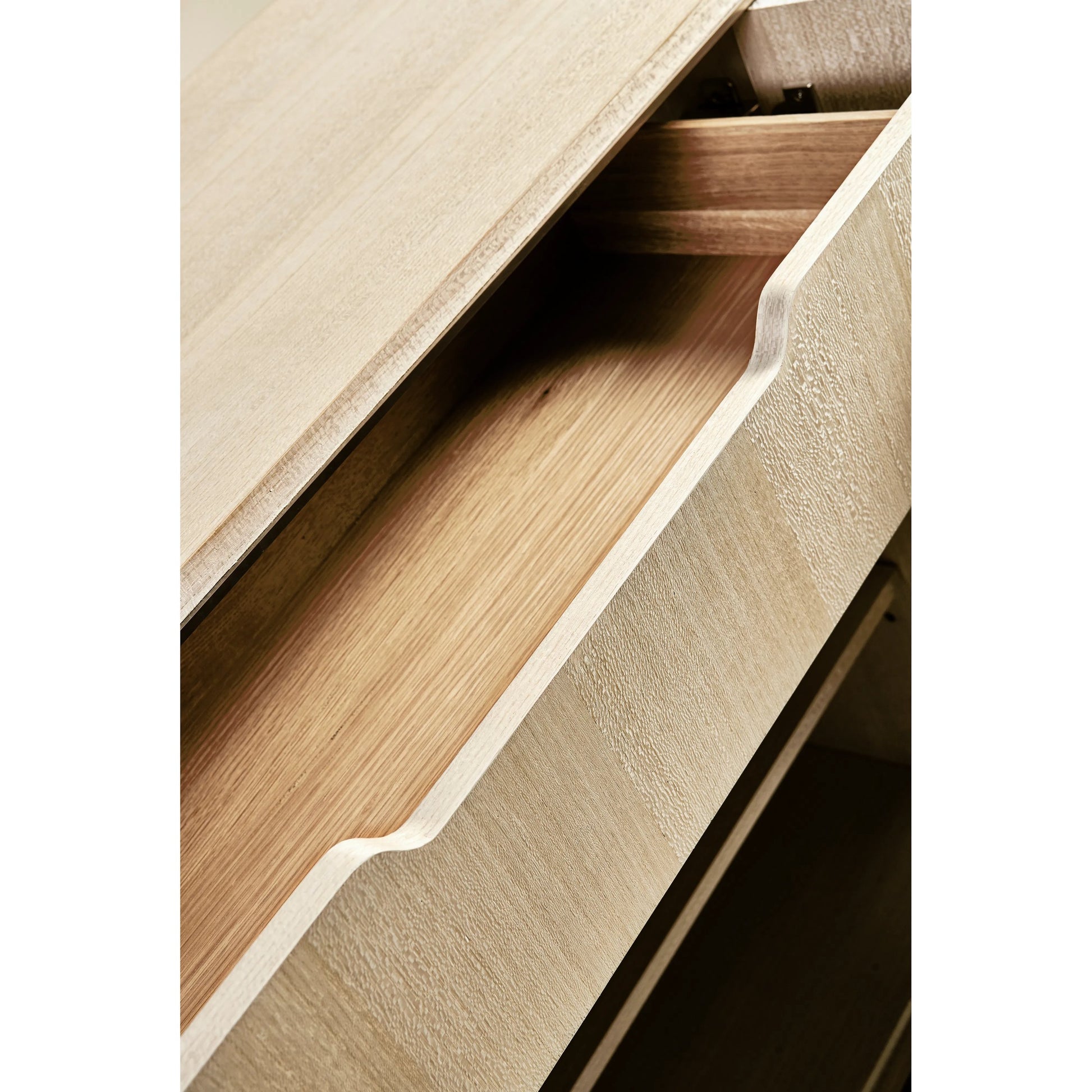 Water Breaker Mixed Media Credenza by Jonathan Charles in beige and ash blonde. Made from dyed koto veneer, bone, leather, metal in a transitional style.